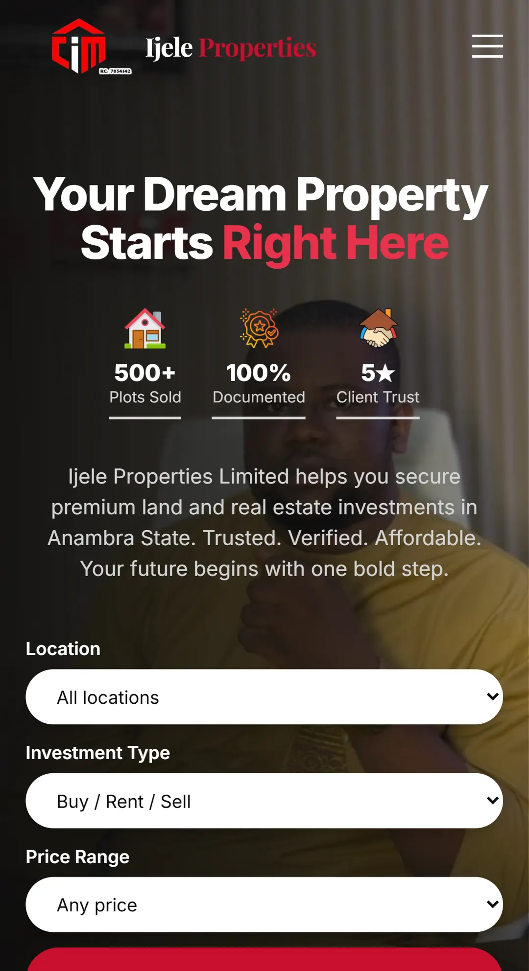 Ijele Properties on a phone: the same headline, with the property search fields stacked below it.
