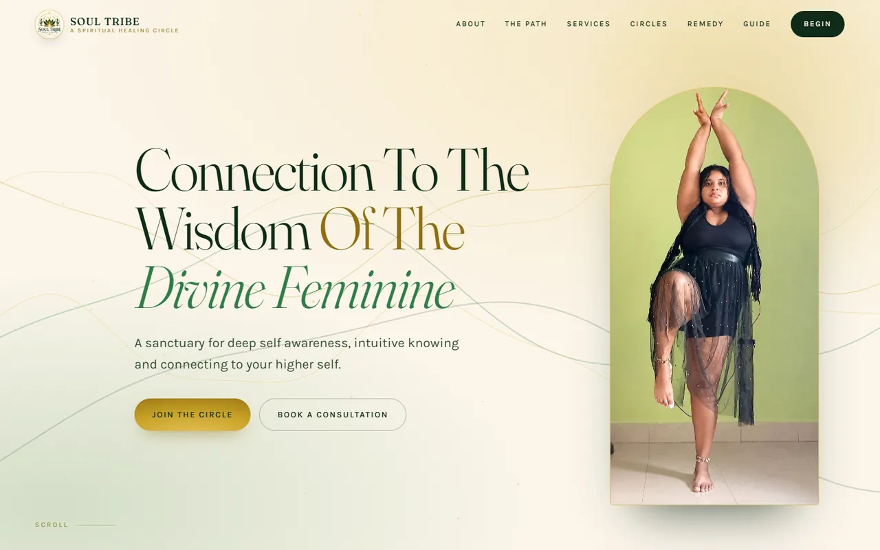 Soul Tribe home page on a desktop: the headline “Connection To The Wisdom Of The Divine Feminine” beside a portrait in an arched frame.