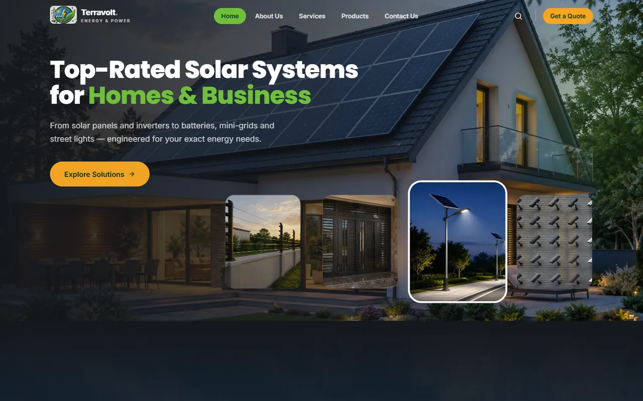 Terravolt Energy home page on a desktop: the headline “Top-Rated Solar Systems for Homes & Business” over a house with rooftop panels.