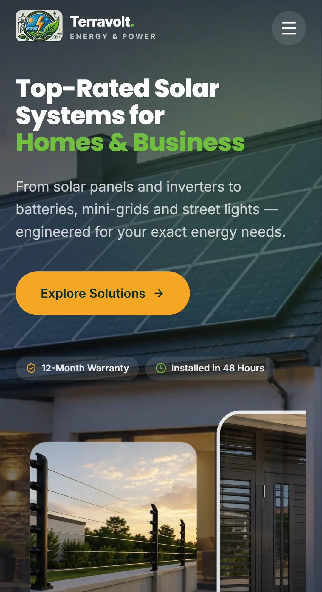 Terravolt Energy on a phone: the same headline with an Explore Solutions button and warranty and installation badges.